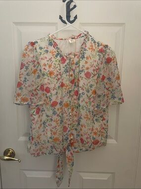 Autres Filles Sheer White Floral Tie-Front Blouse - White Multi